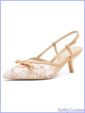 Slingback Kitten Heels Floral Mesh Bow Pointed Toe Dress Pumps